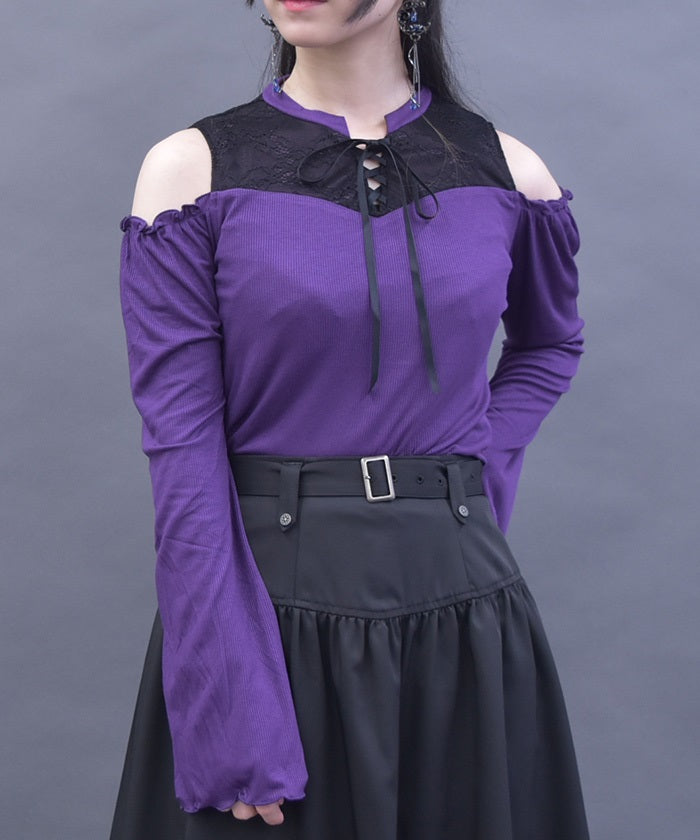 Lace-Up Open Shoulder Cut-and-Sewn Pullover (Time-limited Price)