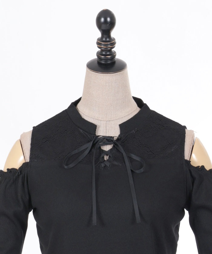 Lace-Up Open Shoulder Cut-and-Sewn Pullover (Time-limited Price)