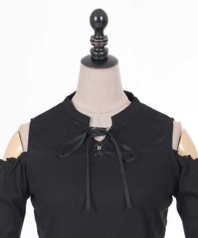 Lace-Up Open Shoulder Cut-and-Sewn Pullover (Time-limited Price)