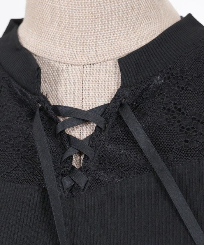 Lace-Up Open Shoulder Cut-and-Sewn Pullover