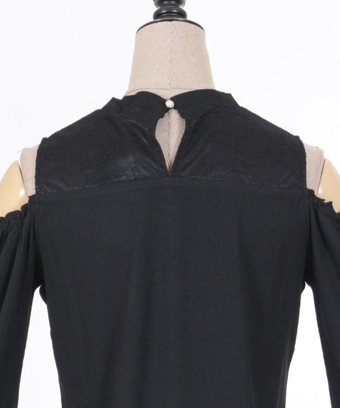 Lace-Up Open Shoulder Cut-and-Sewn Pullover (Time-limited Price)