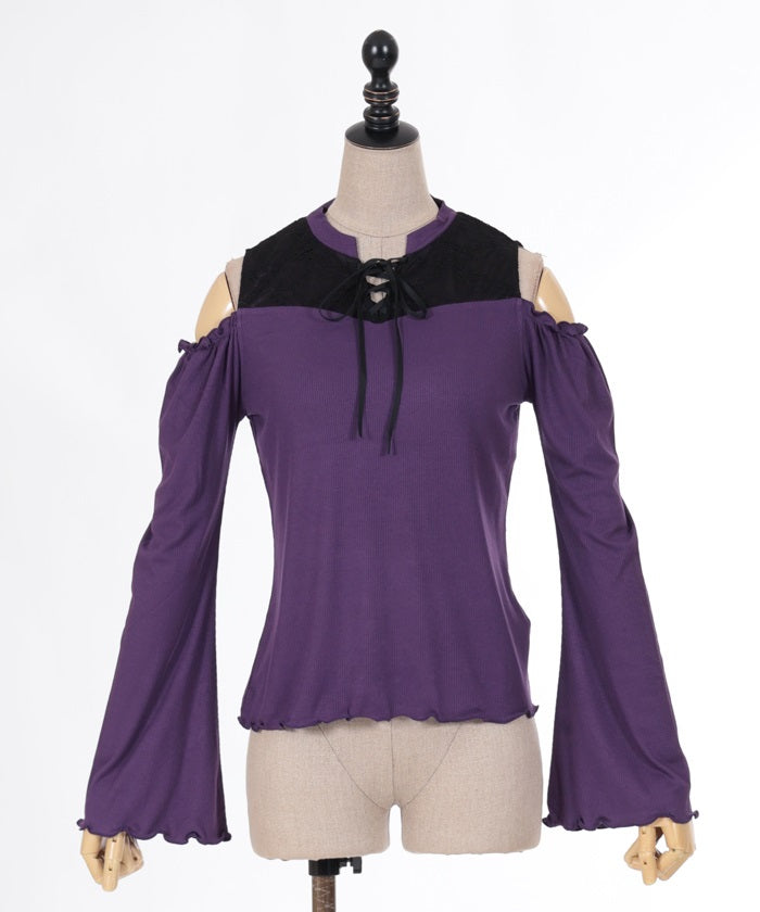 Lace-Up Open Shoulder Cut-and-Sewn Pullover