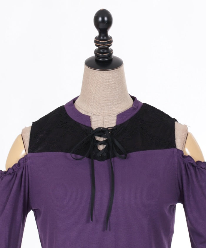 Lace-Up Open Shoulder Cut-and-Sewn Pullover (Time-limited Price)