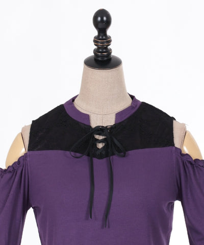 Lace-Up Open Shoulder Cut-and-Sewn Pullover