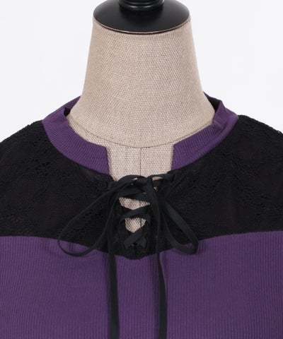 Lace-Up Open Shoulder Cut-and-Sewn Pullover