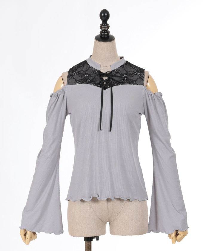 Lace-Up Open Shoulder Cut-and-Sewn Pullover