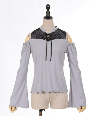 Lace-Up Open Shoulder Cut-and-Sewn Pullover (Time-limited Price)