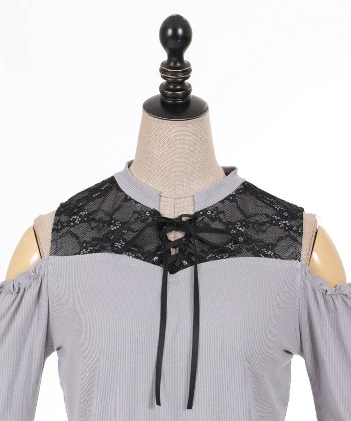 Lace-Up Open Shoulder Cut-and-Sewn Pullover