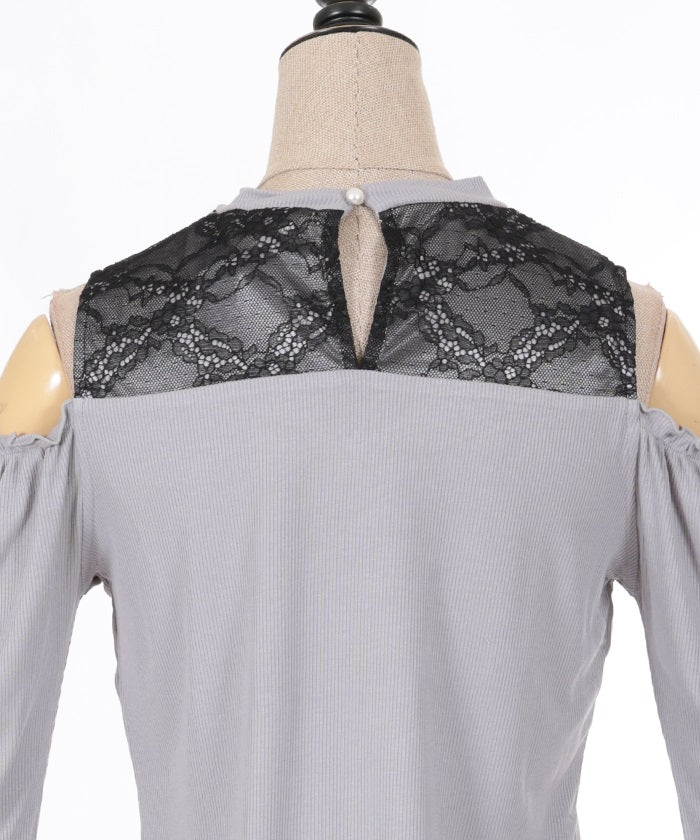 Lace-Up Open Shoulder Cut-and-Sewn Pullover