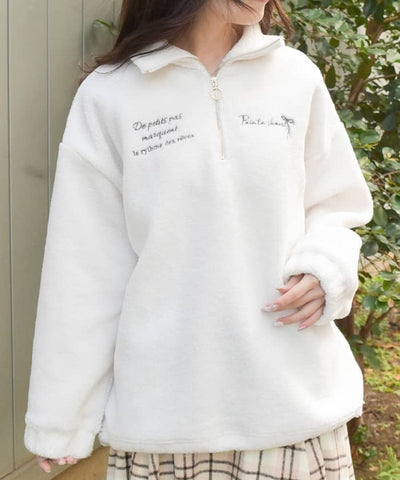 Half Zip Embroidery Boa Pullover