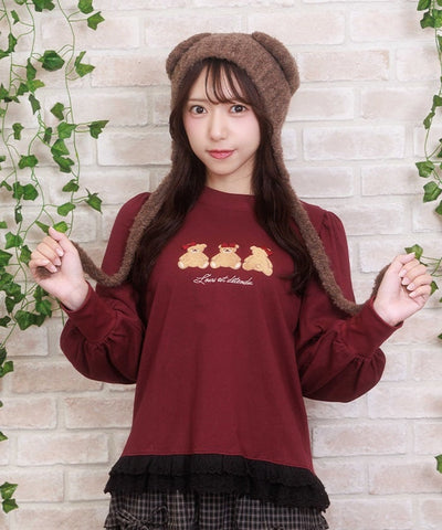 Bear Boa Embroidery Hem Lace T-Shirt