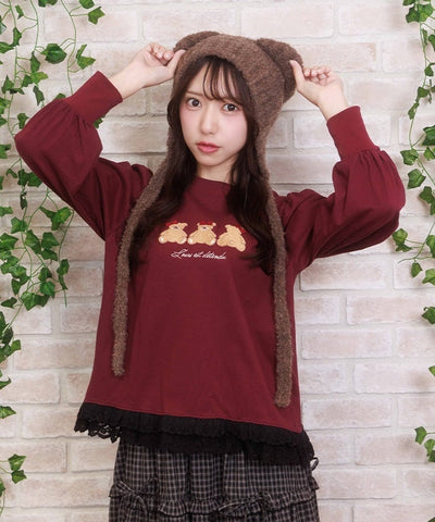 Bear Boa Embroidery Hem Lace T-Shirt