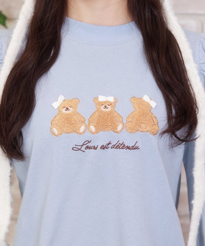 Bear Boa Embroidery Hem Lace T-Shirt