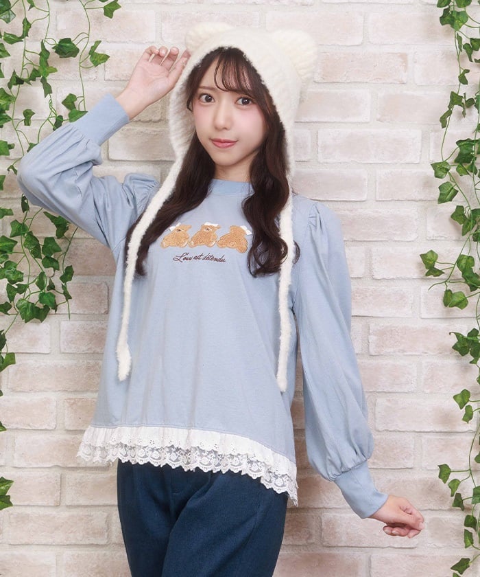 Bear Boa Embroidery Hem Lace T-Shirt