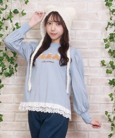Bear Boa Embroidery Hem Lace T-Shirt