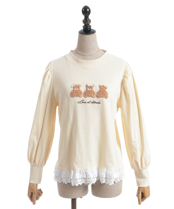 Bear Boa Embroidery Hem Lace T-Shirt