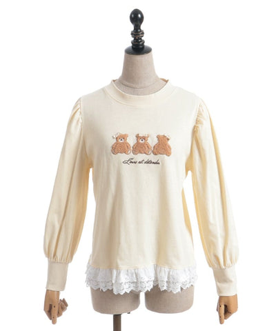 Bear Boa Embroidery Hem Lace T-Shirt
