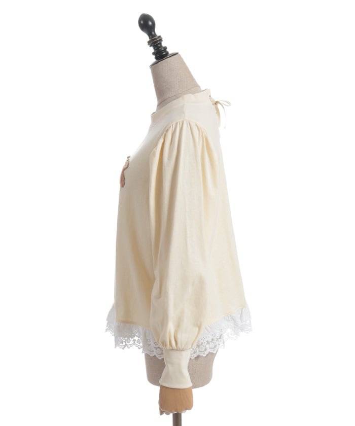 Bear Boa Embroidery Hem Lace T-Shirt