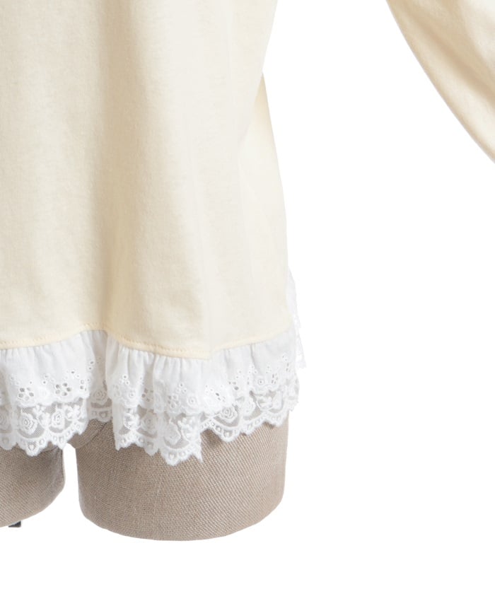 Bear Boa Embroidery Hem Lace T-Shirt