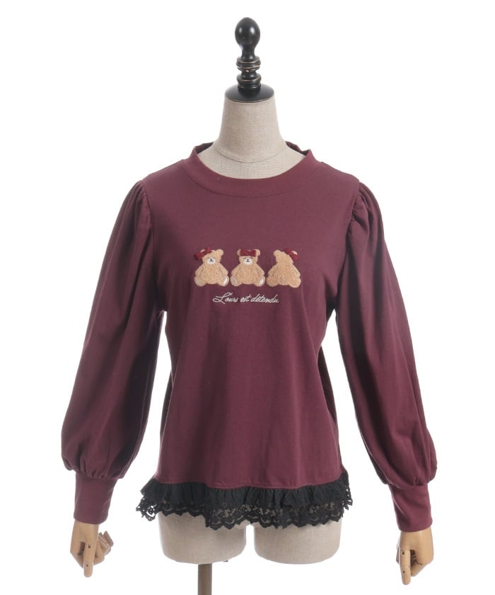 Bear Boa Embroidery Hem Lace T-Shirt