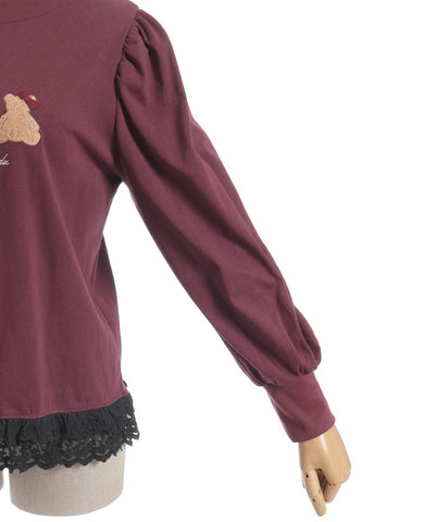 Bear Boa Embroidery Hem Lace T-Shirt