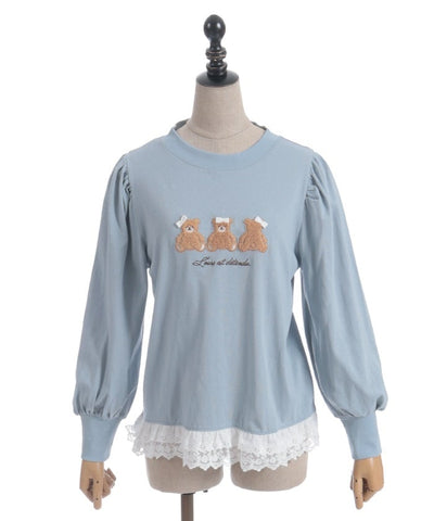 Bear Boa Embroidery Hem Lace T-Shirt