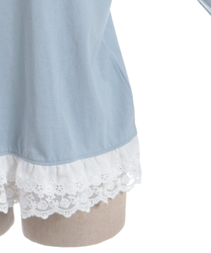 Bear Boa Embroidery Hem Lace T-Shirt