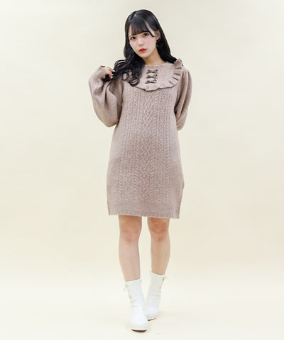 Blocking Frill Knit Dress (Time-limited Price)