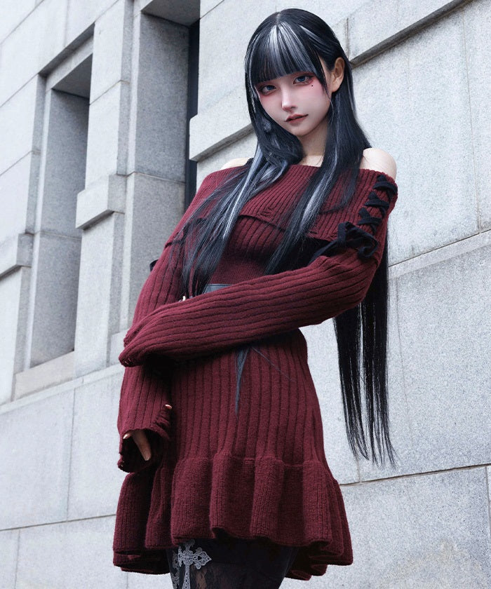 Off-Shoulder Frill Knit Tunic – axes femme from JAPAN