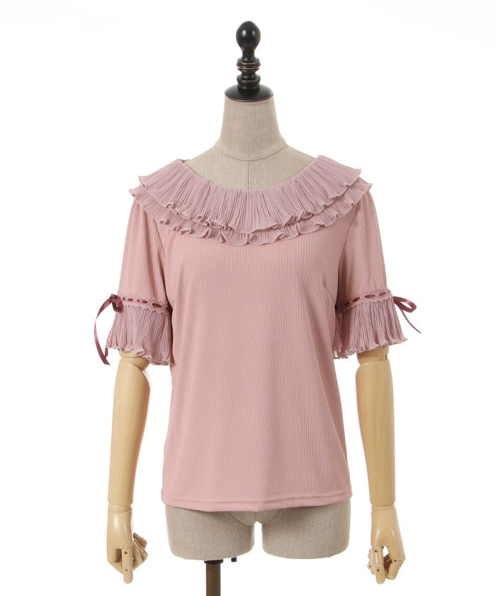 Pleated Frill Collar Cut-and-Sewn Pullover