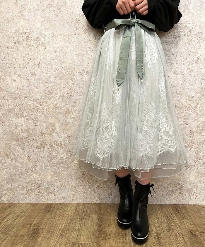 リボン付レース×チュールスカート