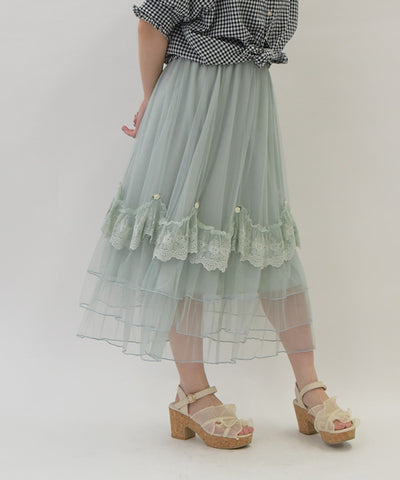 Rose Motif Draped Tulle Skirt