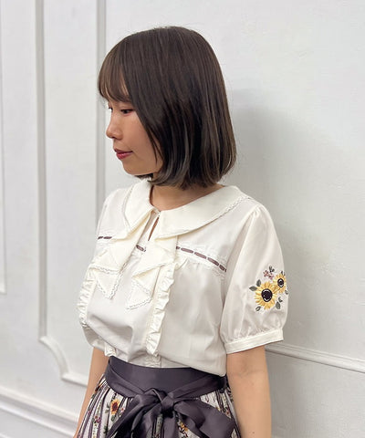 Sunflower Embroidery Frill Blouse