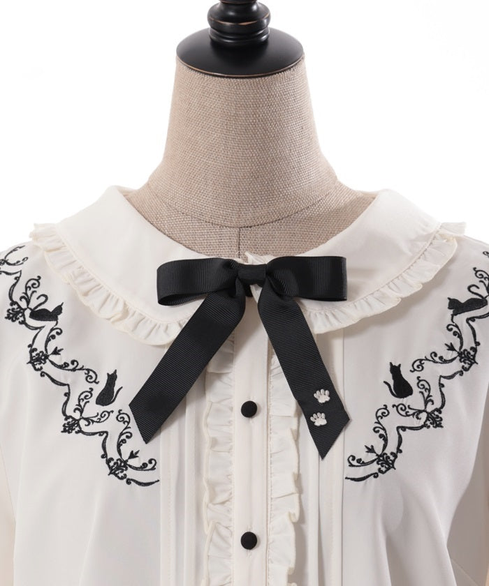 Cat Silhouette Embroidery Blouse