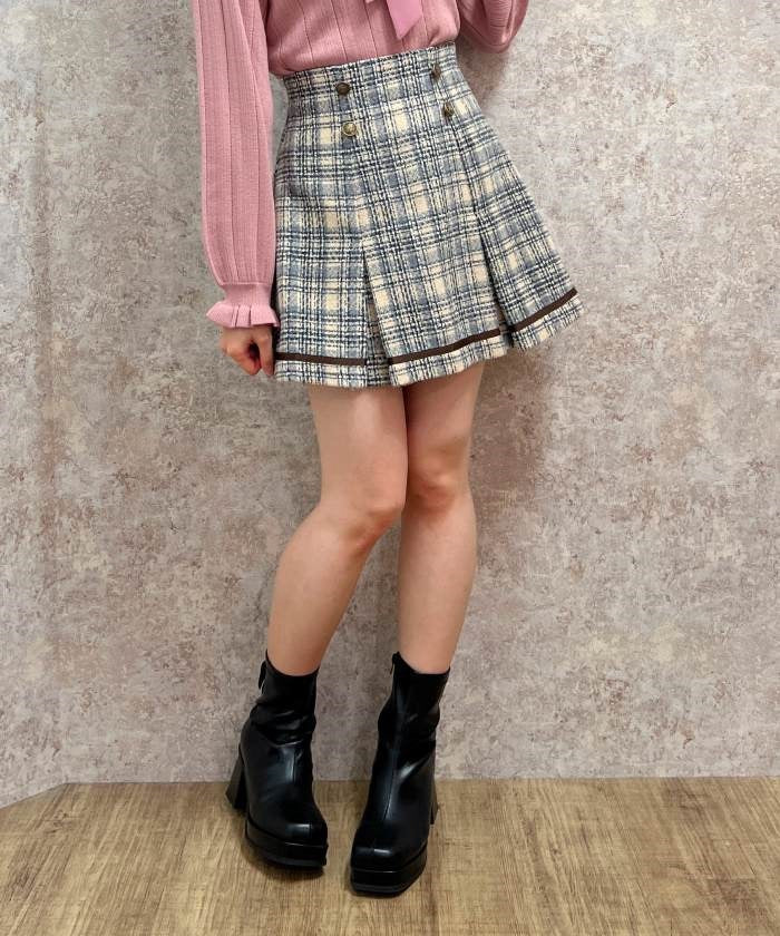 Fleece-Lined Check Tuck Mini Skirt
