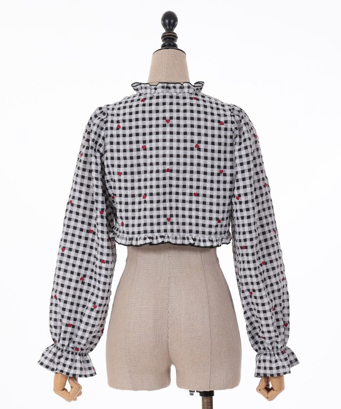 Heart Dot Embroidery Gingham Blouse