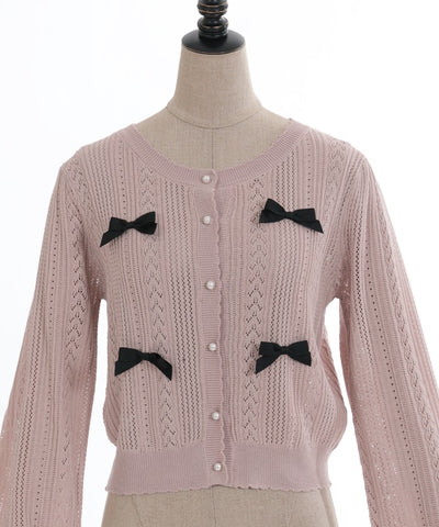 Openwork Knit Cardigan with Ribbon