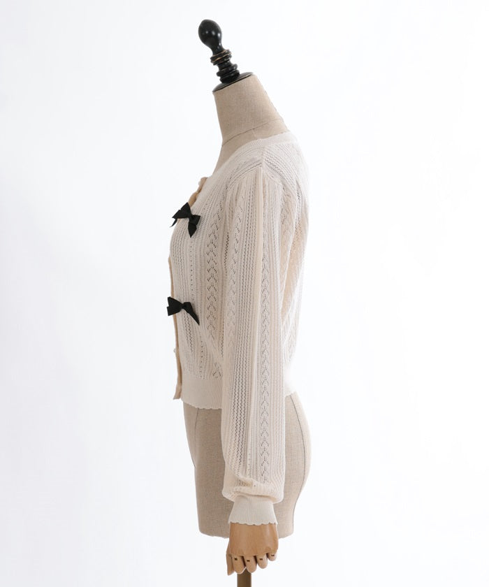 Openwork Knit Cardigan with Ribbon